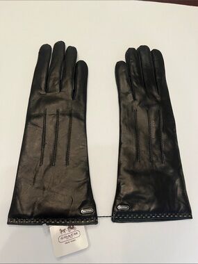 NWT Coach Black New Womens 100% Leather Gloves 83875 Cashmere Lining Size 6.5